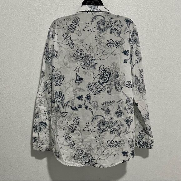 Coastal White Blue Paisley Floral Long Sleeve button Down Oversized Shirt L - Picture 5 of 9